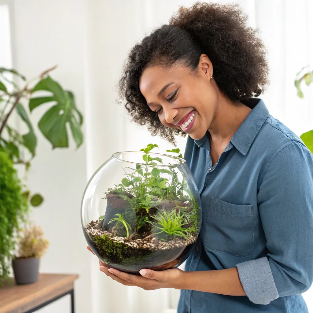 Satisfied customer holding a terrarium